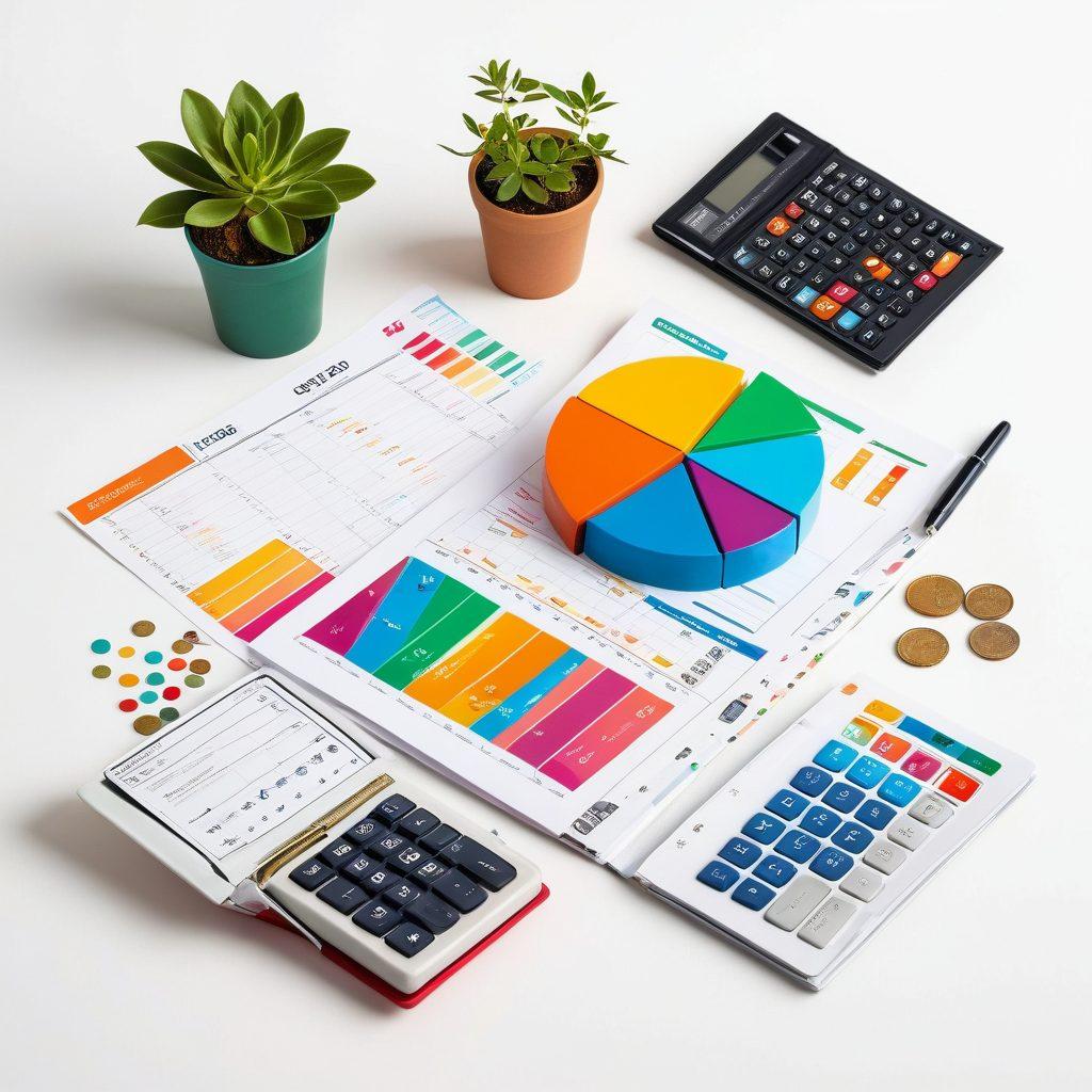 A visually striking split-image design showcasing the concept of budgeting and saving money. On one side, a meticulously arranged budget planner with colorful charts, sticky notes, and a calculator. On the other side, a wallet overflowing with cash and coins, symbolizing debt reduction. Include elements like a plant growing from coins to signify growth from savings. Bright and engaging colors. vector art. vibrant colors. white background.