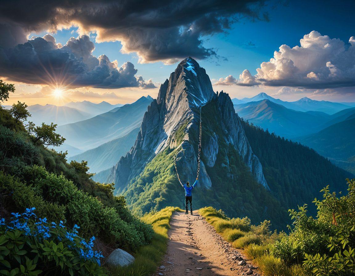 A serene landscape featuring a person standing at the peak of a mountain, arms raised in triumph, symbolizing financial independence. In the foreground, broken chains representing debt relief scatter towards a lush valley filled with growing money trees, symbolizing wealth building. The sky transitions from stormy gray to bright blue, conveying hope and freedom. Incorporate a winding path leading to the mountaintop as a metaphor for the journey to financial success. vibrant colors. super-realistic.