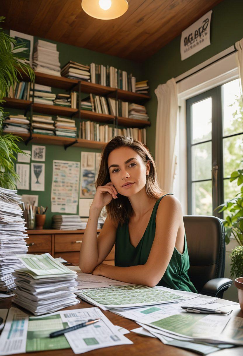 A person sitting at a desk surrounded by piles of bills and budget sheets, illuminated by a soft light, planning their financial strategy with a calm expression. A vision board in the background depicting dreams of financial independence, like a house, a car, and travel destinations. Include elements of growth like plants or arrows symbolizing progress. super-realistic. vibrant colors. warm tones.